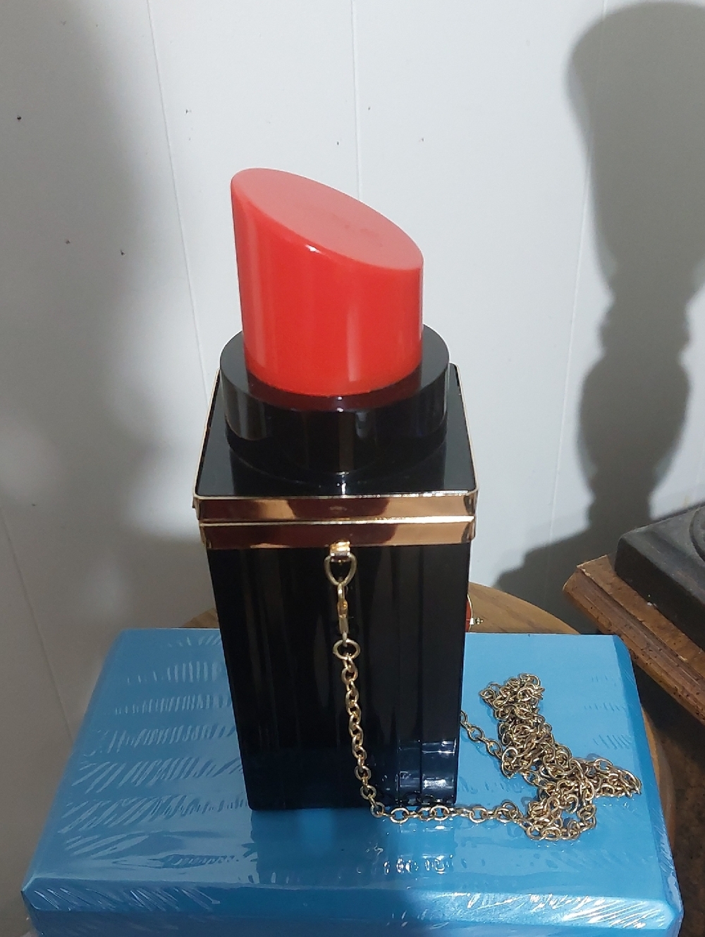 Vintage-Inspired Black Box Clutch with Red Accent Lipstick Crossbody Purse